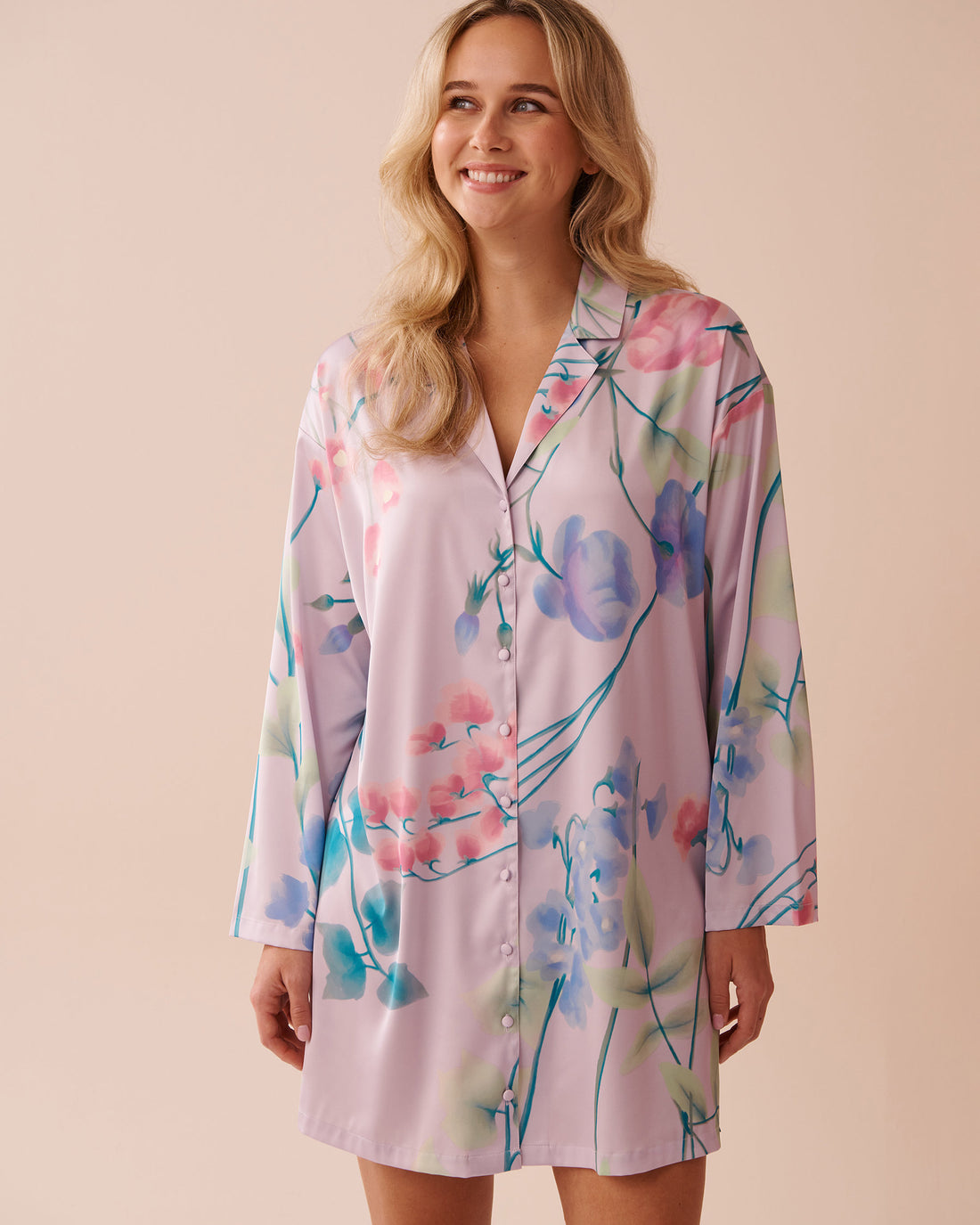 La Vie en Rose_Luxury Edition Lavender Garden Print Long Sleeve Satin Sleepshirt_60500172_P50088_01