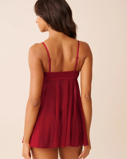 La Vie en Rose_Savvy Red_Open Front Satin and Mesh Babydoll with Bow_60500216_60215_04