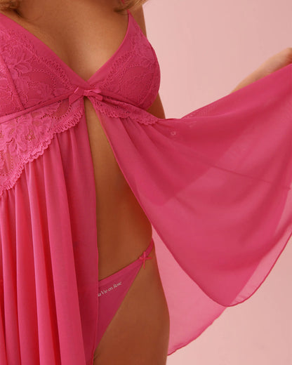 La Vie en Rose_Fuchsia Rose_Open Front Floral Lace and Mesh Babydoll_60500223_60228_03