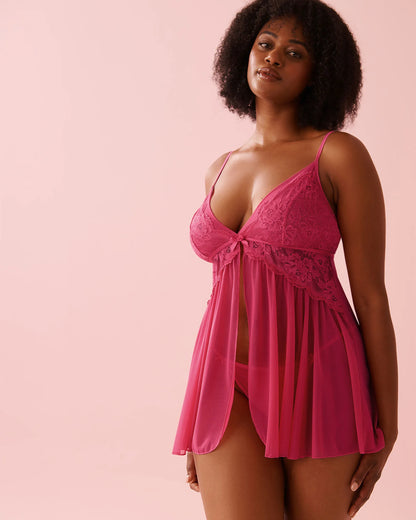 La Vie en Rose_Fuchsia Rose_Open Front Floral Lace and Mesh Babydoll_60500223_60228_05