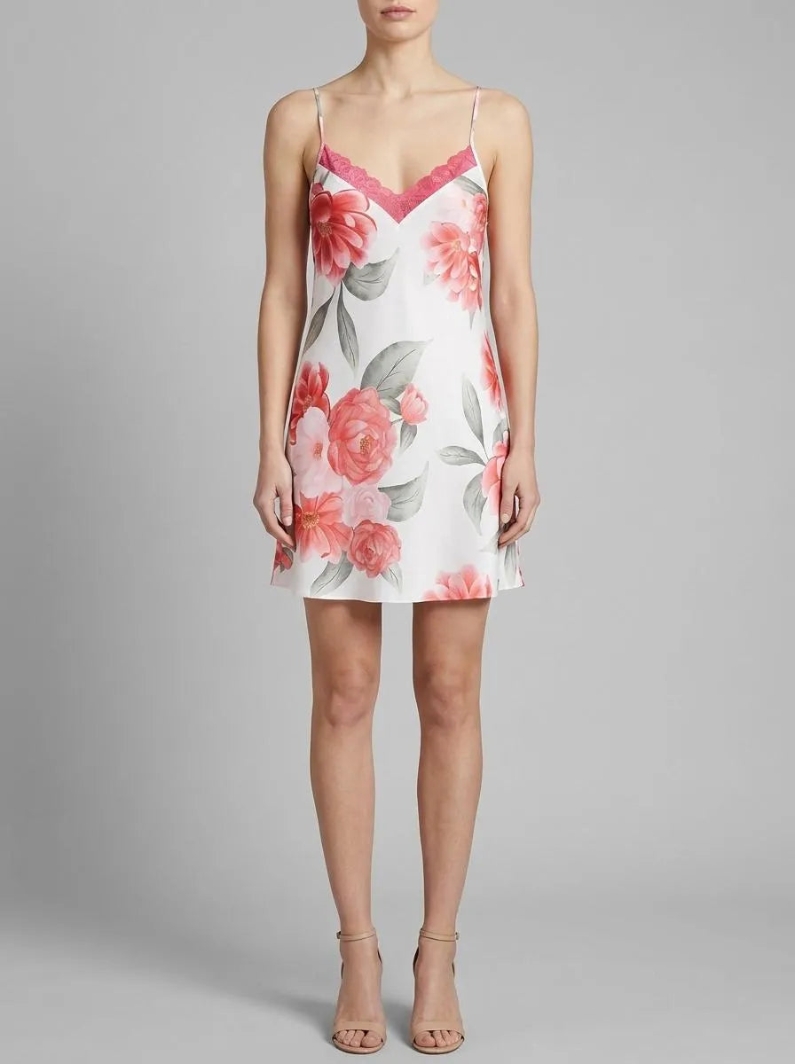 La Vie en Rose Snow White Flowers Women LUXURY EDITION Camellia Print Lace Trim Satin Nightie SKU: 60500232_P10585 Image 00