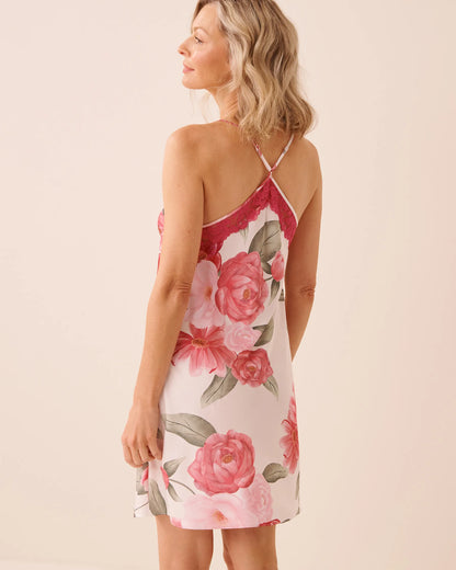 La Vie en Rose Snow White Flowers Women LUXURY EDITION Camellia Print Lace Trim Satin Nightie SKU: 60500232_P10585 Image 02