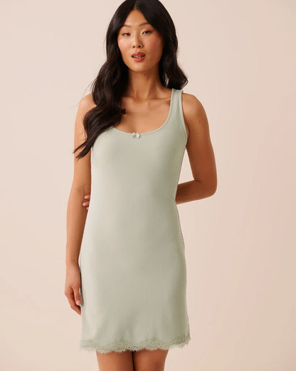 La Vie en Rose Desert Sage Women Ribbed Modal and Lace Trim Nightie with Shelf Bra SKU: 60500235_30035 Image 01