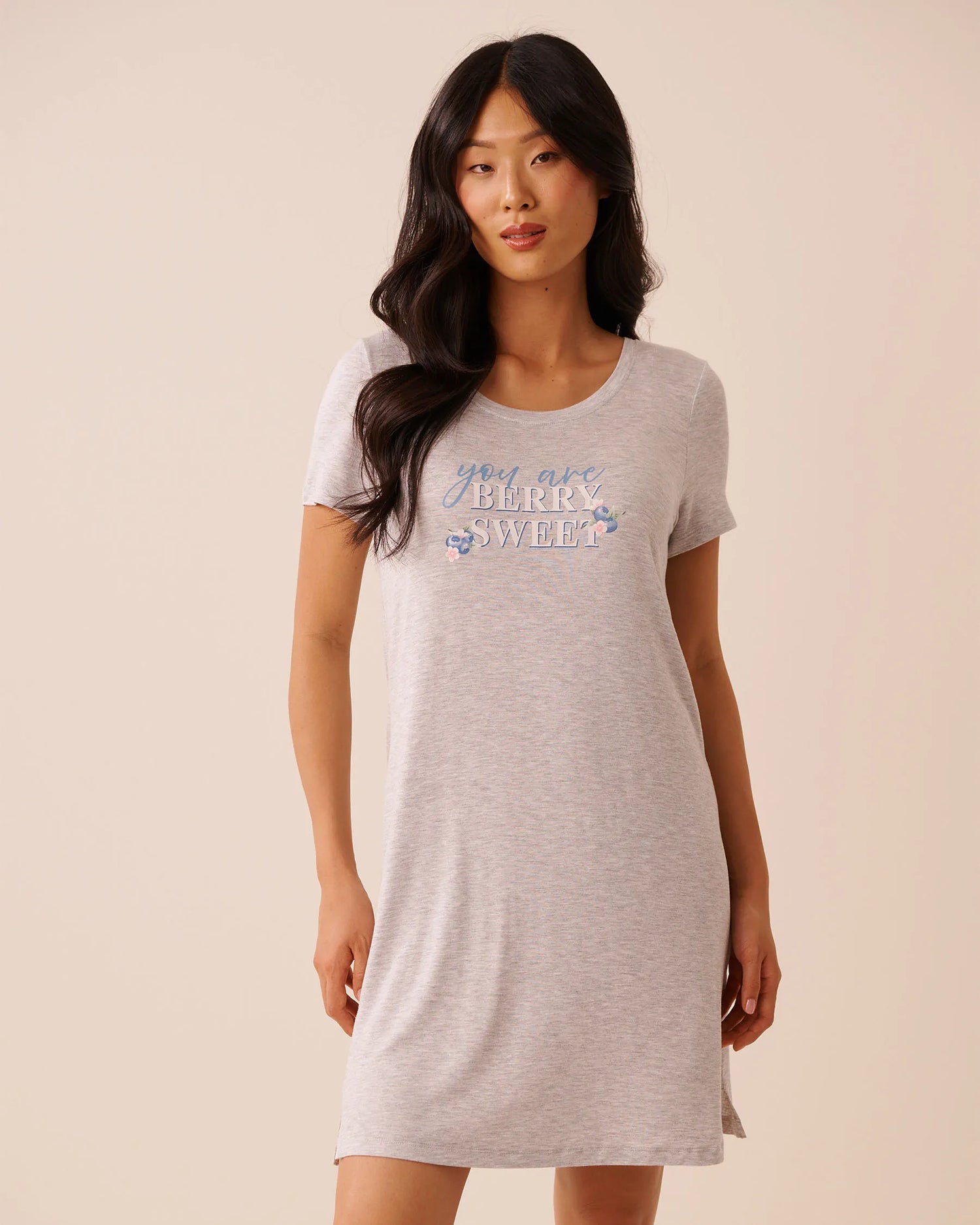 La Vie en Rose Comfy Grey Mix Women Berry Print Soft Jersey Short Sleeve Sleepshirt SKU: 60500238_00007 Image 01