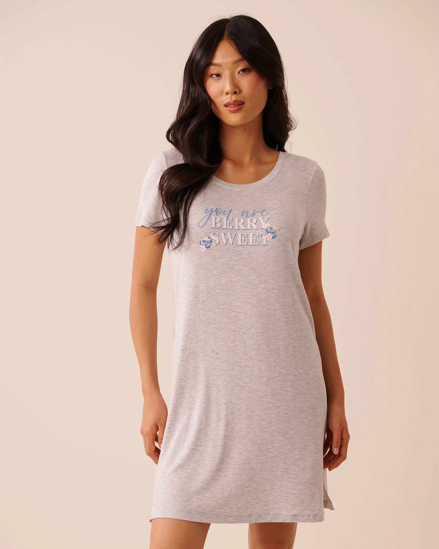 La Vie en Rose Comfy Grey Mix Women Berry Print Soft Jersey Short Sleeve Sleepshirt SKU: 60500238_00007 Image 01