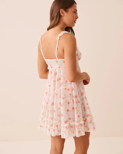 La Vie en Rose Snow White Peach Women Rose Print Frill Mesh Nightie SKU: 60500243_P10602 Image 02