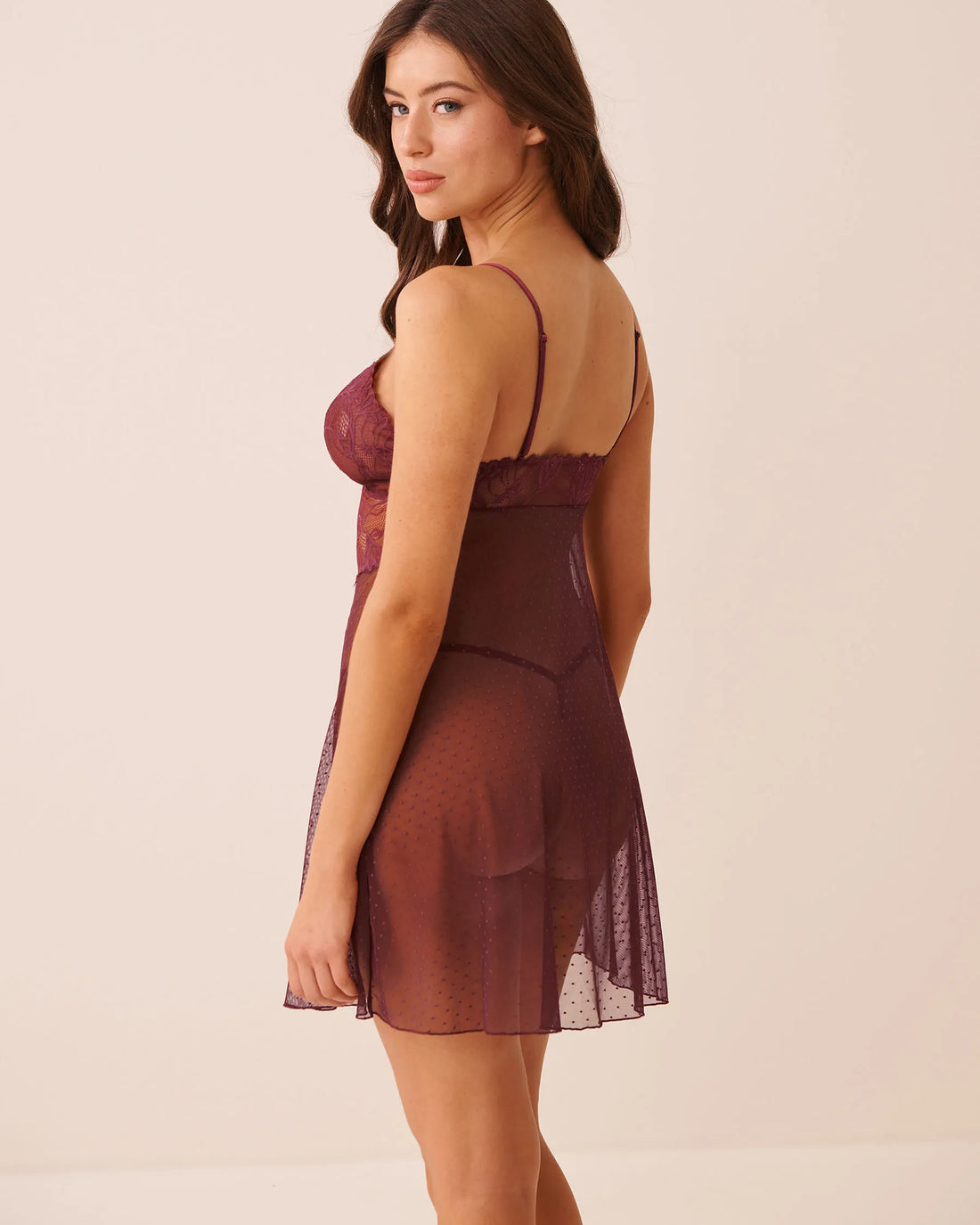 La Vie en Rose Burgundy Women Floral Lace And Swiss Dot Mesh Nightie SKU: 60500252_50062 Image 02