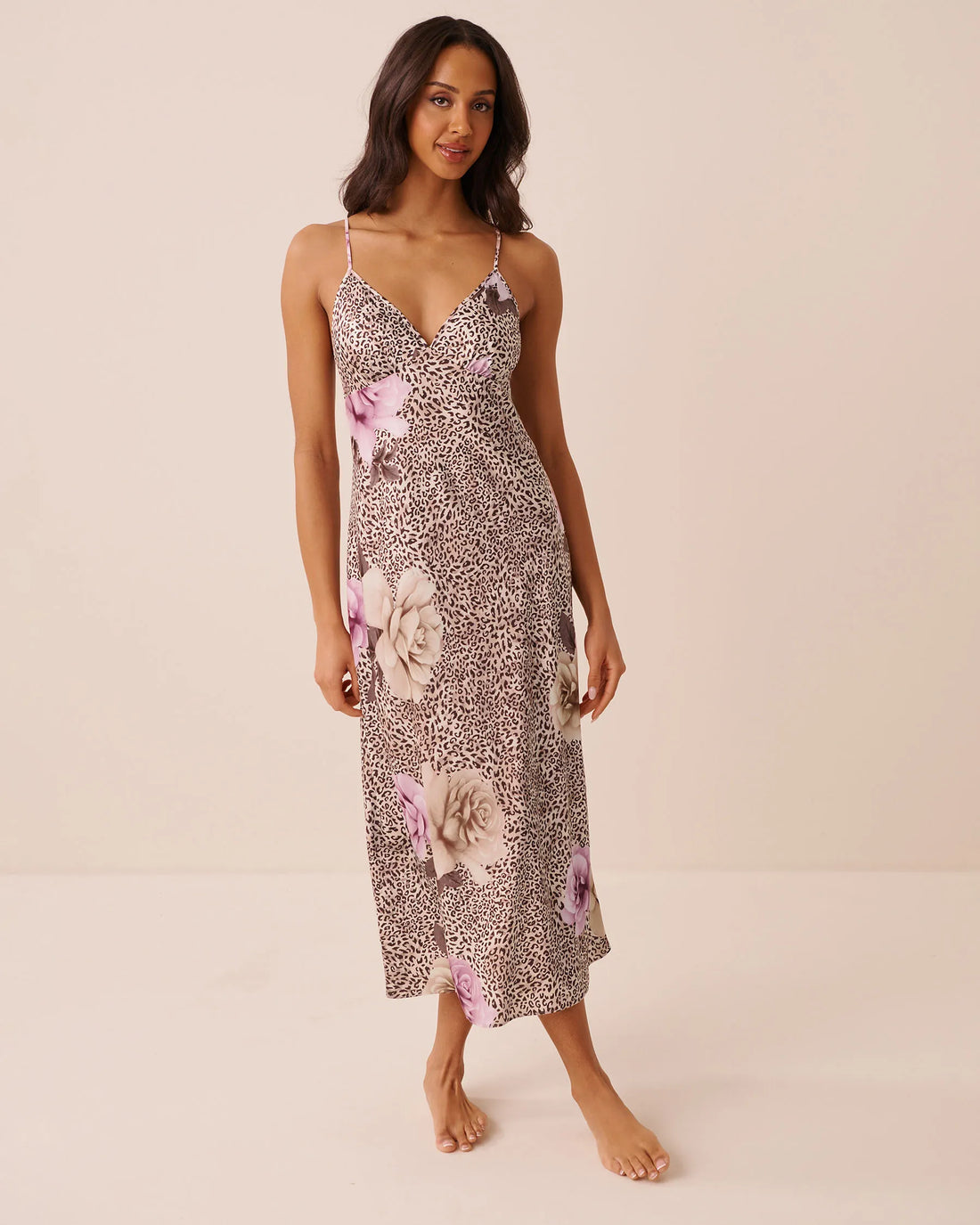 La Vie en Rose Leopard Garden Women Luxury Edition Floral Leopard Print Satin Long Nightie SKU: 60500253_P20099 Image 01