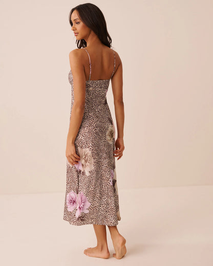 La Vie en Rose Leopard Garden Women Luxury Edition Floral Leopard Print Satin Long Nightie SKU: 60500253_P20099 Image 02