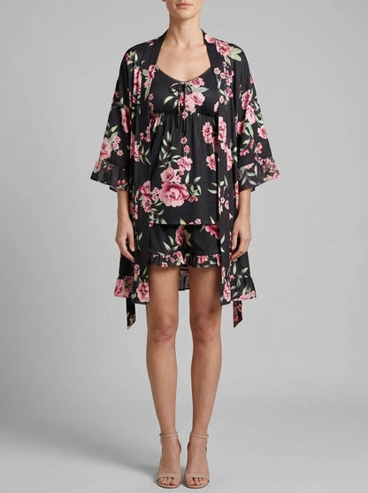 La Vie en Rose_Black &amp; Pink Flowers_Peony Print Recycled Fibers Mesh Trim Kimono_60600111_P00489_00