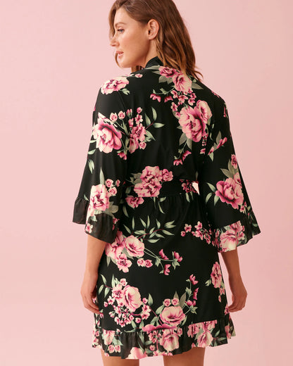 La Vie en Rose_Black &amp; Pink Flowers_Peony Print Recycled Fibers Mesh Trim Kimono_60600111_P00489_02