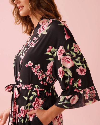 La Vie en Rose_Black &amp; Pink Flowers_Peony Print Recycled Fibers Mesh Trim Kimono_60600111_P00489_03