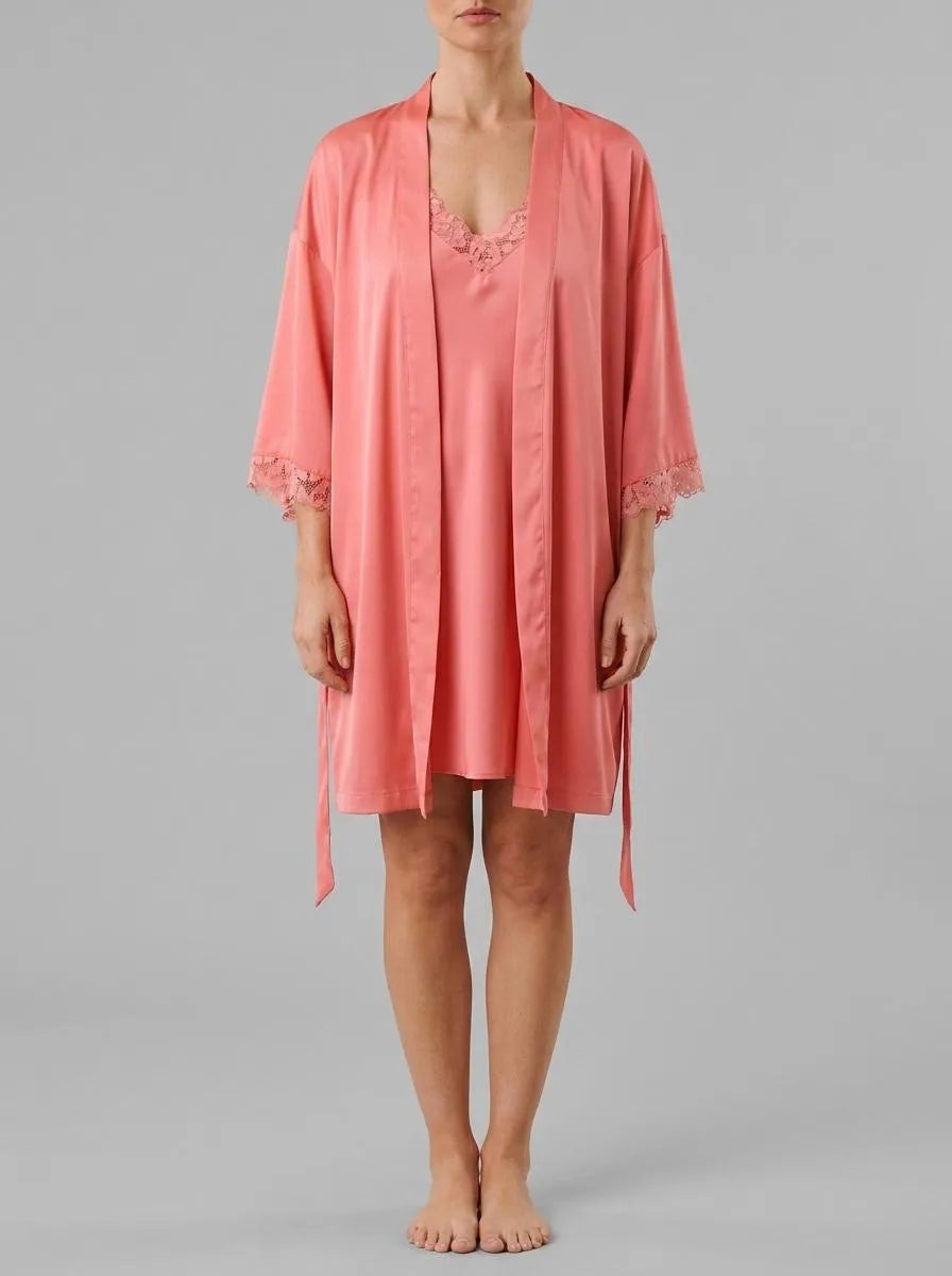 La Vie en Rose Flamingo Plume Women LUXURY EDITION Lace Trim Satin Kimono SKU: 60600117_60239 Image 00