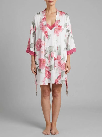 La Vie en Rose Snow White Flowers Women LUXURY EDITION Camellia Print Lace Trim Satin Kimono SKU: 60600117_P10585 Image 00