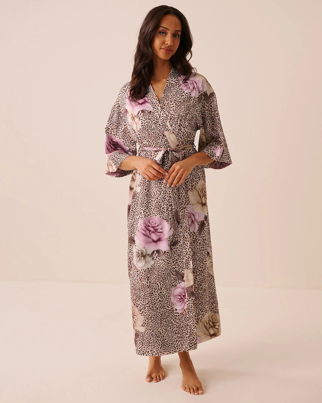 La Vie en Rose Leopard Garden Women Luxury Edition Floral Leopard Print Satin Long Kimono SKU: 60600125_P20099 Image 01