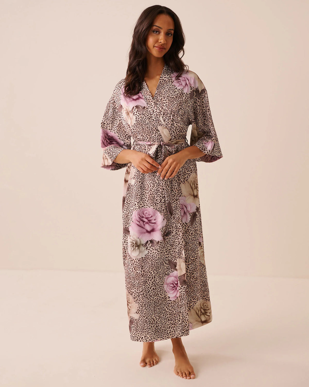 La Vie en Rose Leopard Garden Women Luxury Edition Floral Leopard Print Satin Long Kimono SKU: 60600125_P20099 Image 01