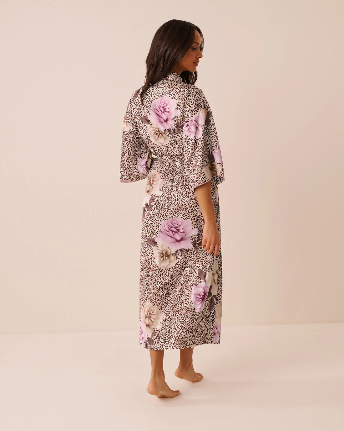 La Vie en Rose Leopard Garden Women Luxury Edition Floral Leopard Print Satin Long Kimono SKU: 60600125_P20099 Image 02