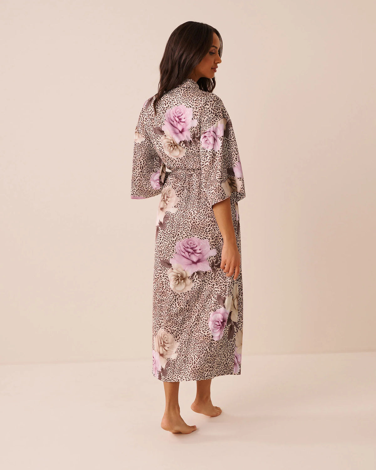 La Vie en Rose Leopard Garden Women Luxury Edition Floral Leopard Print Satin Long Kimono SKU: 60600125_P20099 Image 02
