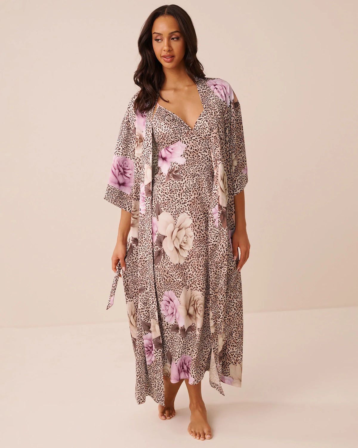 La Vie en Rose Leopard Garden Women Luxury Edition Floral Leopard Print Satin Long Kimono SKU: 60600125_P20099 Image 04