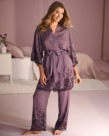 La Vie en Rose Flower Plum Bouquet Women Luxury Edition Floral Print Lace Trim Satin Kimono SKU: 60600126_P50118 Image 01