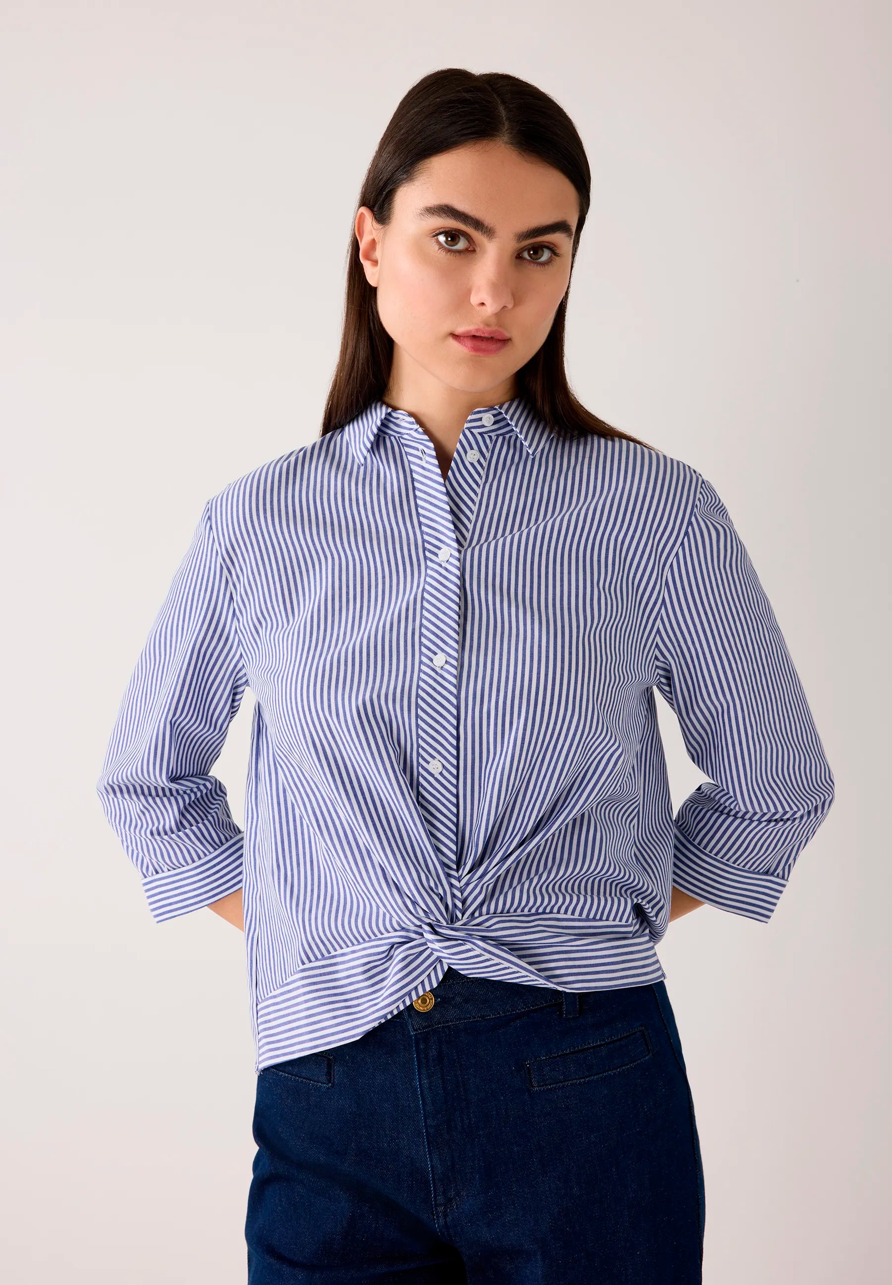 More &amp; More Mix Stripe Twotone Women Striped Blouse with Knot Detail SKU: 61022052_2373 Image 01