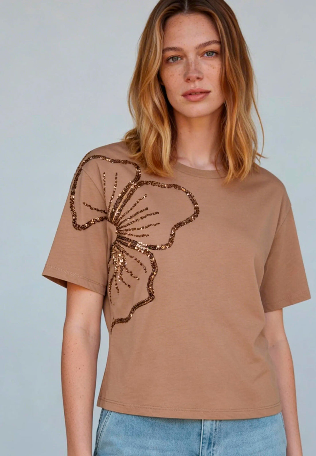 More &amp; More Ginger Brown Women T-Shirt with Sequined Flower SKU: 61040072_0280 Image 01