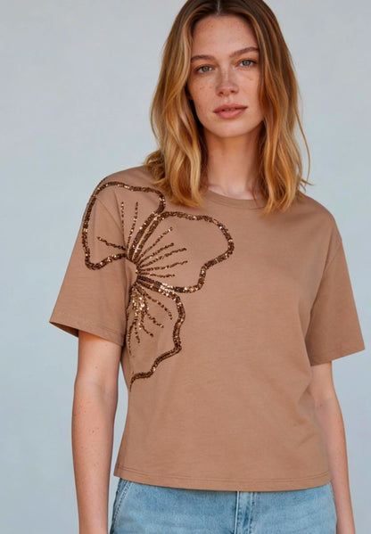 More &amp; More Ginger Brown Women T-Shirt with Sequined Flower SKU: 61040072_0280 Image 01