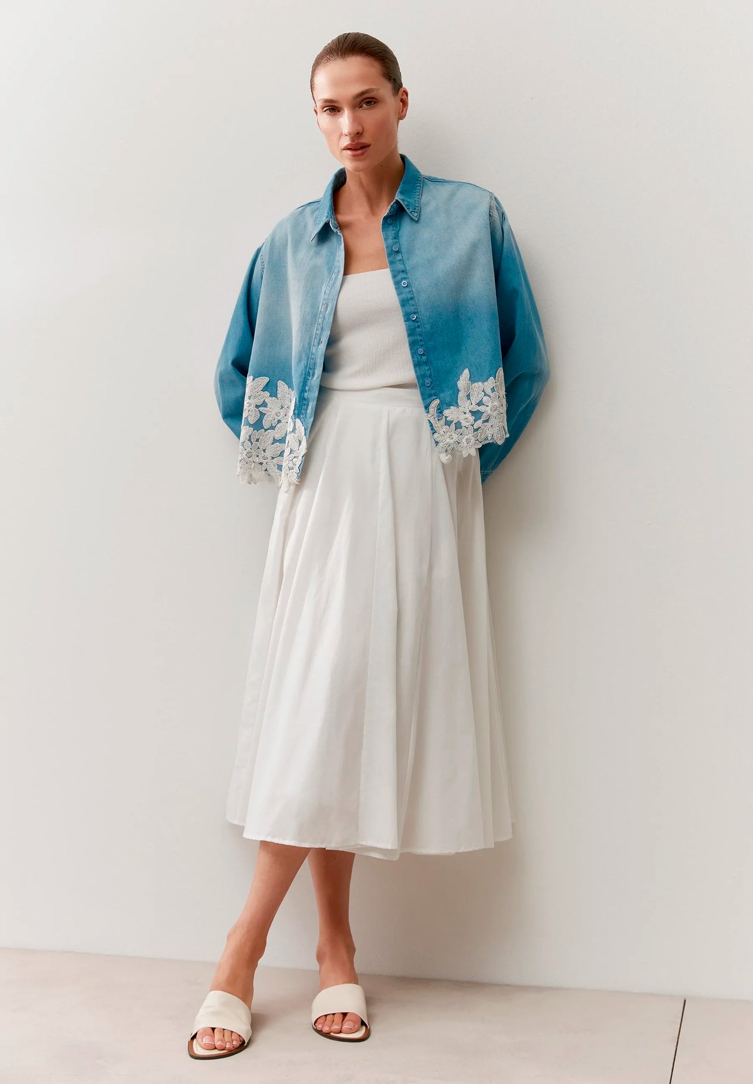 More &amp; More Light Blue Denim Women Denim Shirt with Lace Trim SKU: 61042251_0961 Image 02
