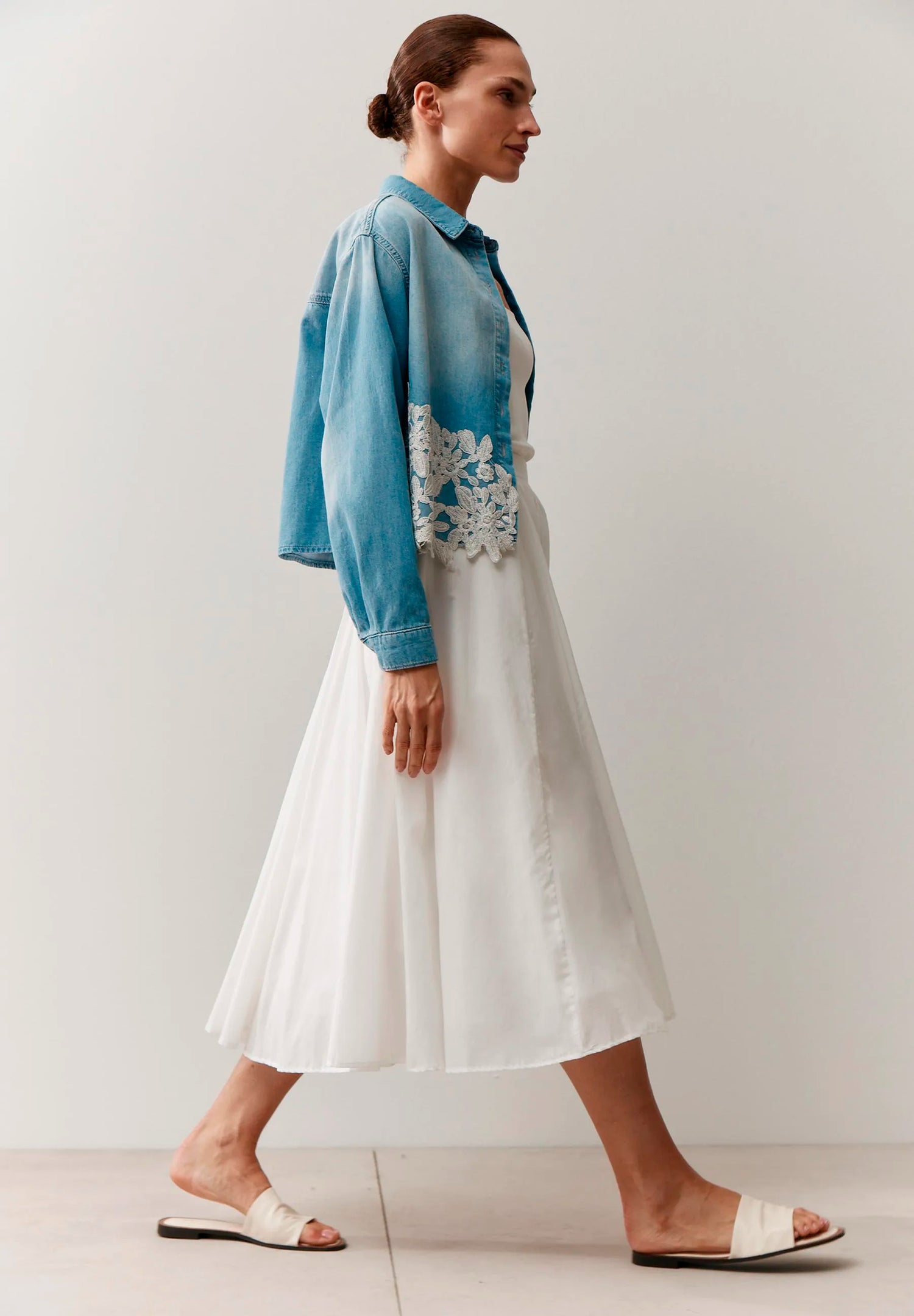 More &amp; More Light Blue Denim Women Denim Shirt with Lace Trim SKU: 61042251_0961 Image 03