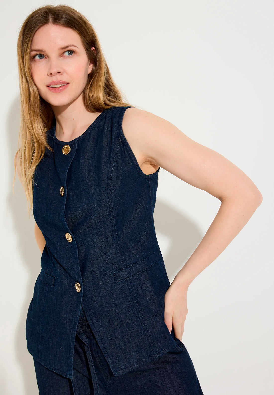 More &amp; More Dark Blue Denim Women Denim Vest SKU: 61046200_0963 Image 01