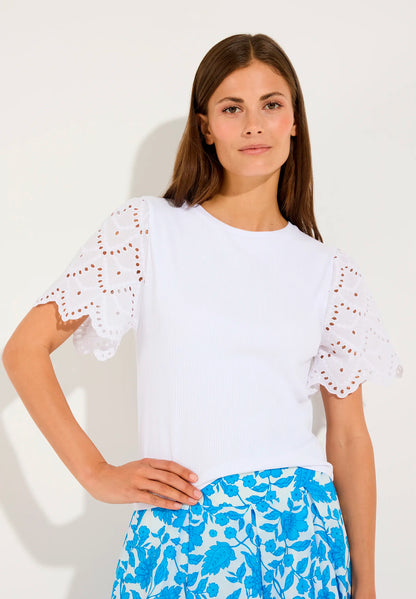 More &amp; More White Women Ribbed Shirt with Lace Sleeves SKU: 61050008_0010 Image 01