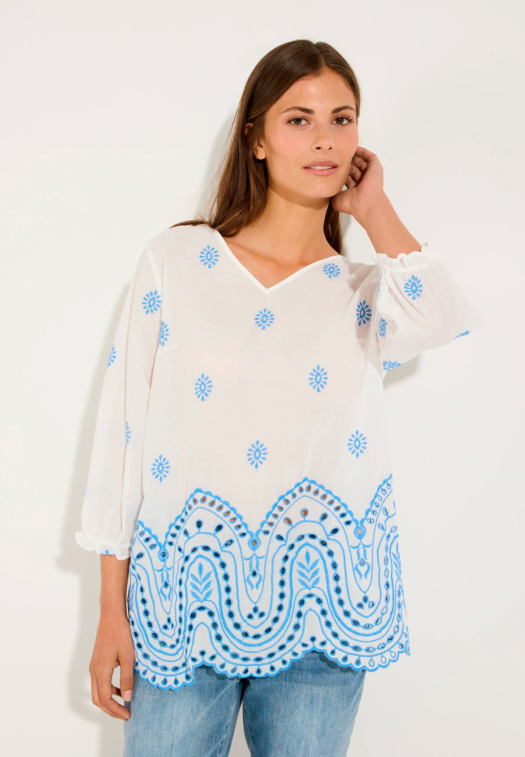 More &amp; More Big Eyelet Embroidery White And Blue Women Tunic Blouse SKU: 61052006_2323 Image 01