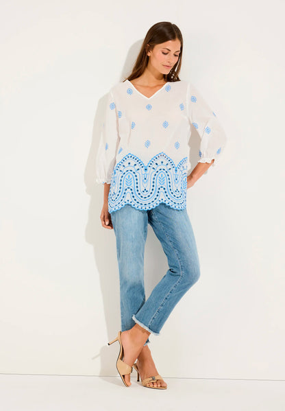 More &amp; More Big Eyelet Embroidery White And Blue Women Tunic Blouse SKU: 61052006_2323 Image 02