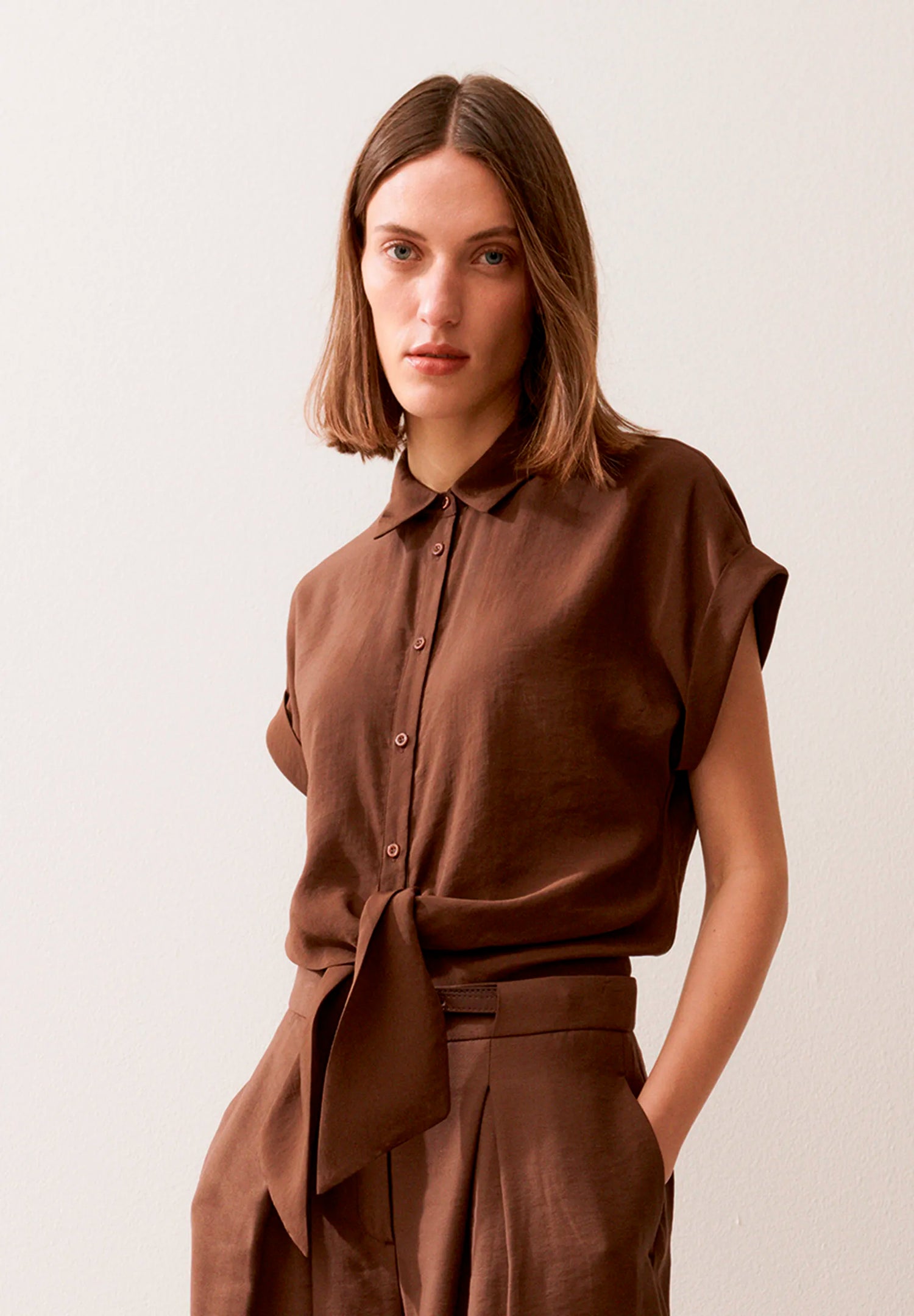 More &amp; More Cool Chocolate Women Blouse with Knot Detail SKU: 61052010_0286 Image 01