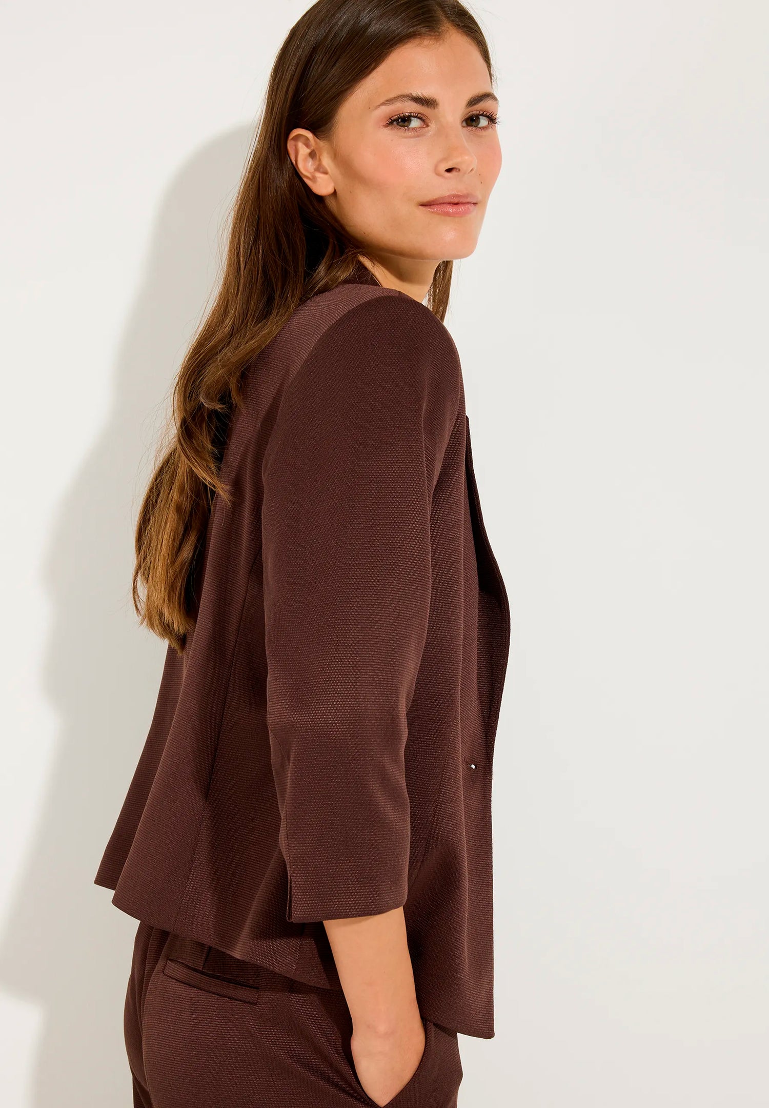 More &amp; More Cool Chocolate Women Blazer with Ribbed Texture SKU: 61056010_0286 Image 03