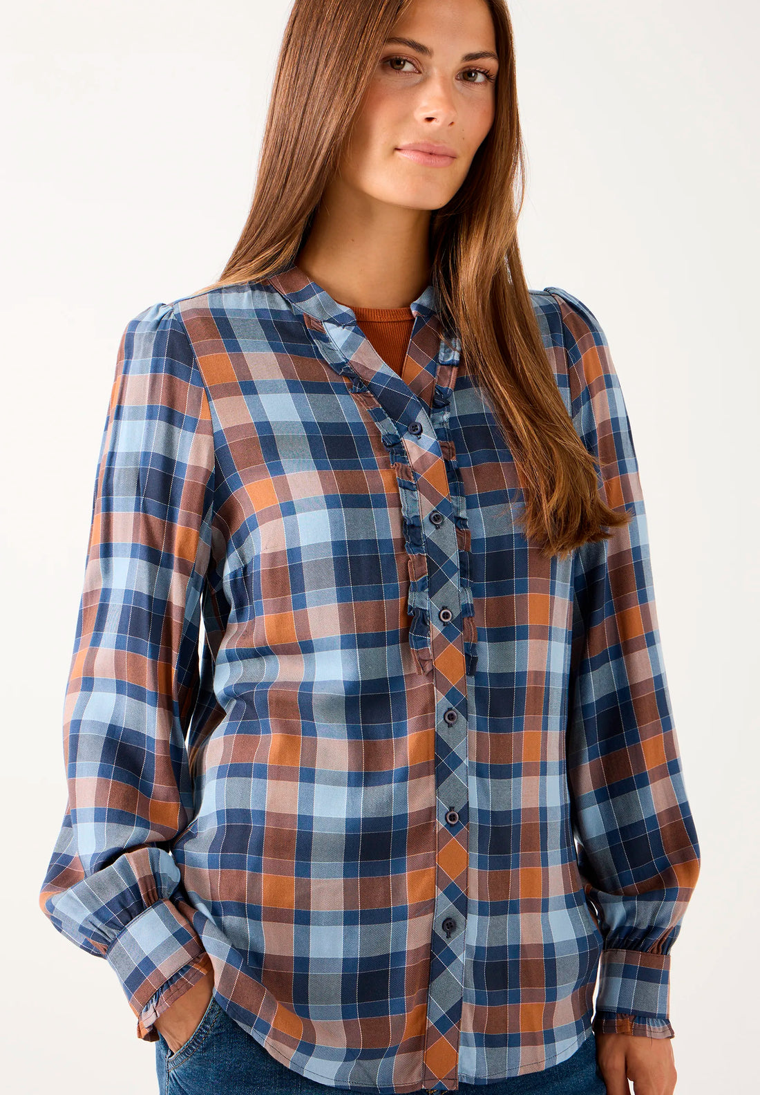 More &amp; More Preppy Paisley Print With Burnt Orange Women Checkered Blouse SKU: 61082054_M4476 Image 01