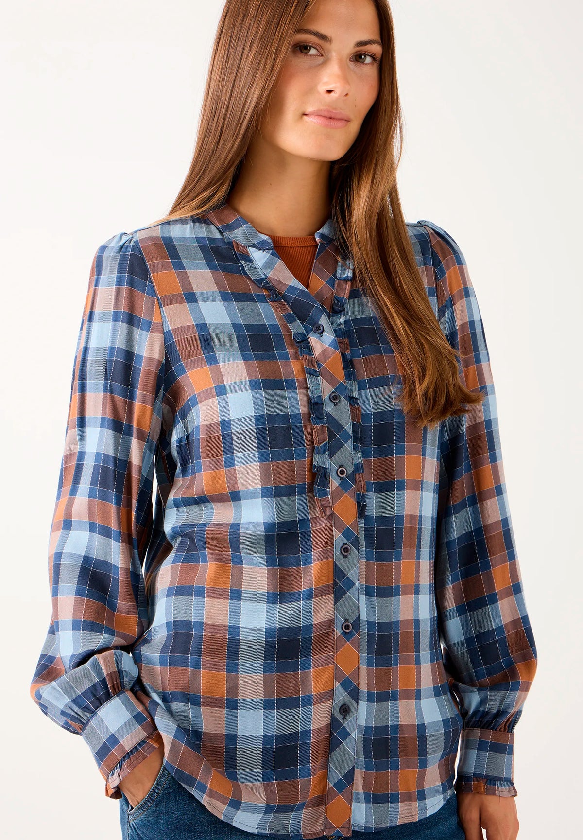 More &amp; More Preppy Paisley Print With Burnt Orange Women Checkered Blouse SKU: 61082054_M4476 Image 01