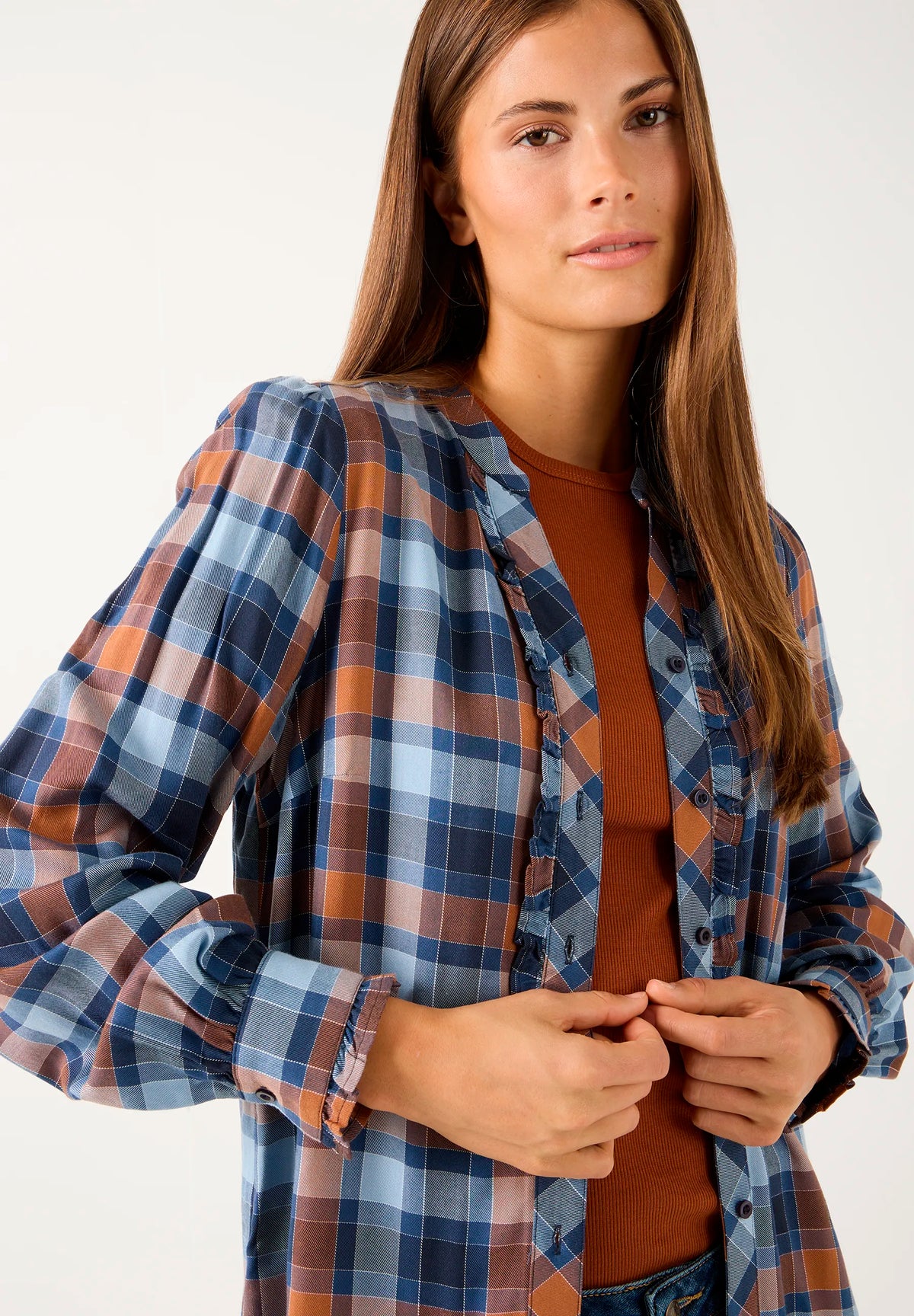 More &amp; More Preppy Paisley Print With Burnt Orange Women Checkered Blouse SKU: 61082054_M4476 Image 03