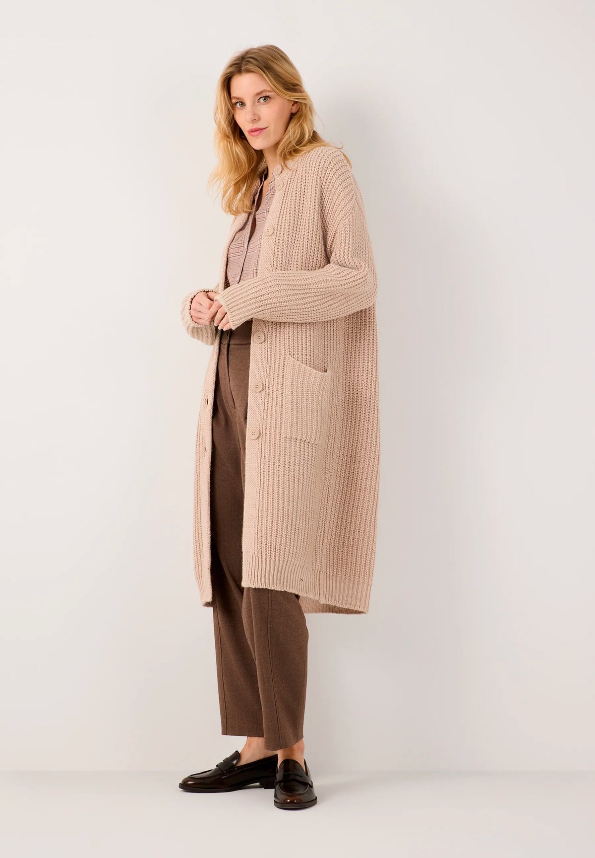 More &amp; More Powder Creme Women Long Knit Coat SKU: 61091205_M0031 Image 02