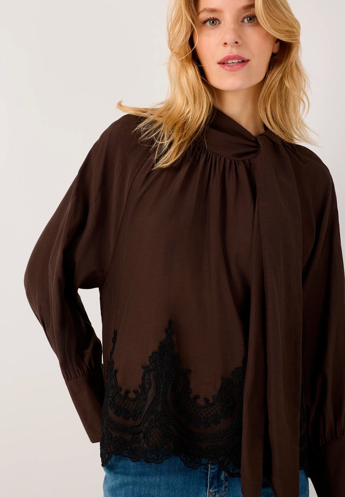 More &amp; More Espresso Brown Women Pussy-Bow Blouse with Lace Hem SKU: 61092010_M0279 Image 01