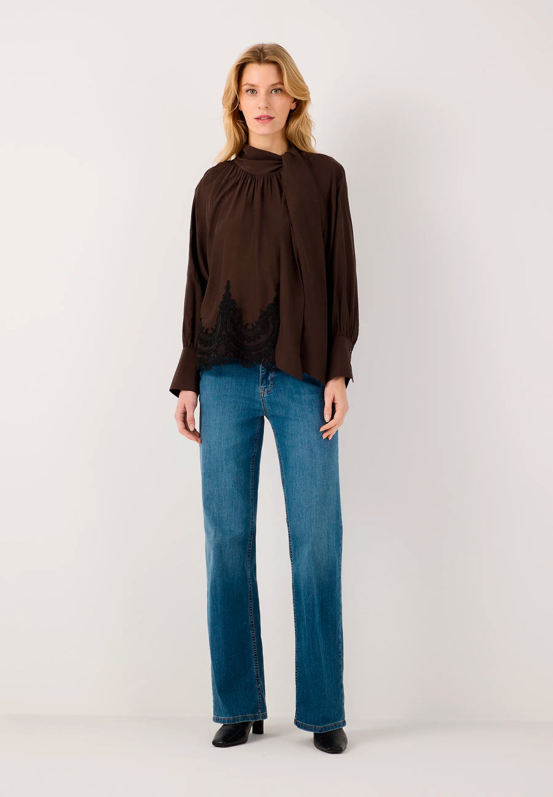 More &amp; More Espresso Brown Women Pussy-Bow Blouse with Lace Hem SKU: 61092010_M0279 Image 02
