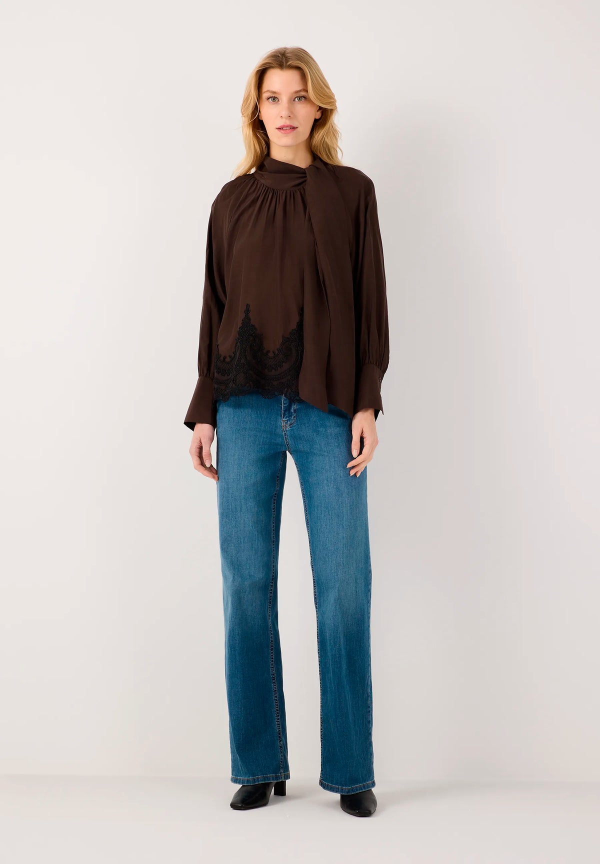 More &amp; More Espresso Brown Women Pussy-Bow Blouse with Lace Hem SKU: 61092010_M0279 Image 02