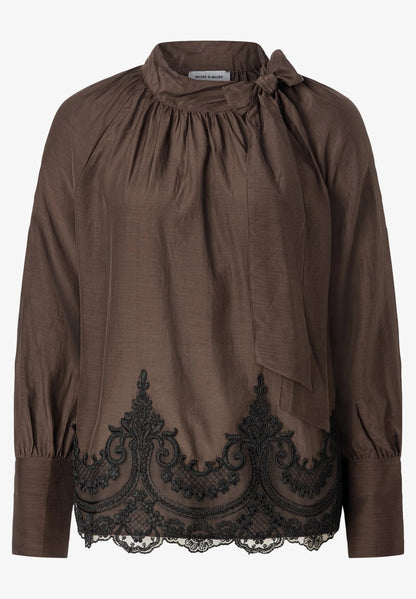 More &amp; More Espresso Brown Women Pussy-Bow Blouse with Lace Hem SKU: 61092010_M0279 Image 03