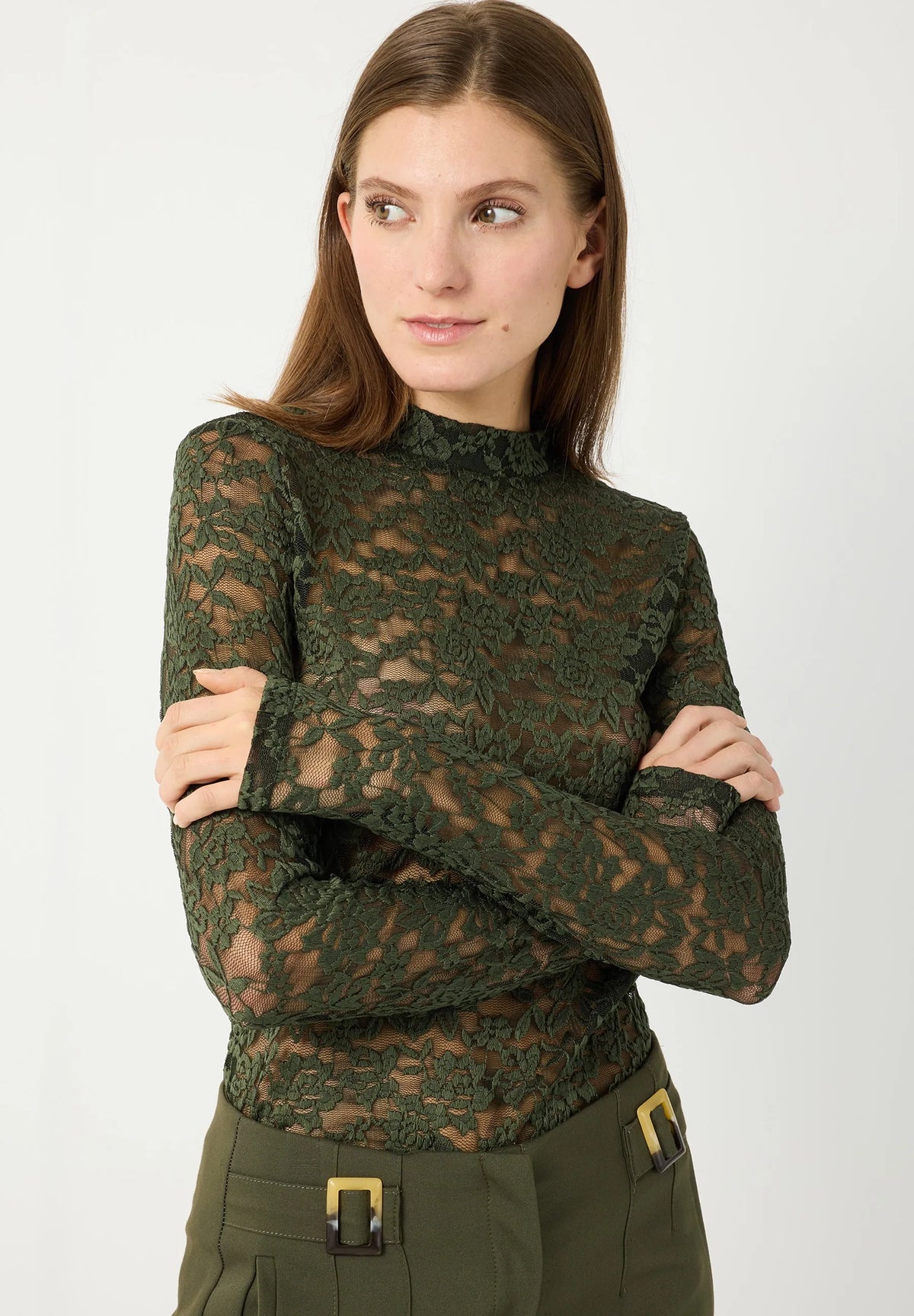 More &amp; More Deep Forest Green Women Lace Top SKU: 61100061_M0689 Image 01