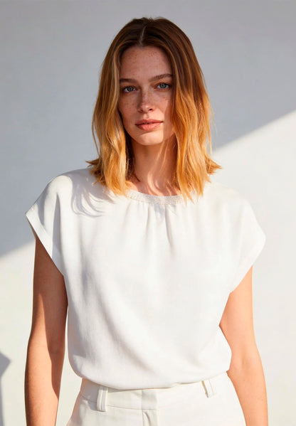 More &amp; More Off White Women T-Shirt with Pearls At The Neckline SKU: 61240060_0041 Image 01