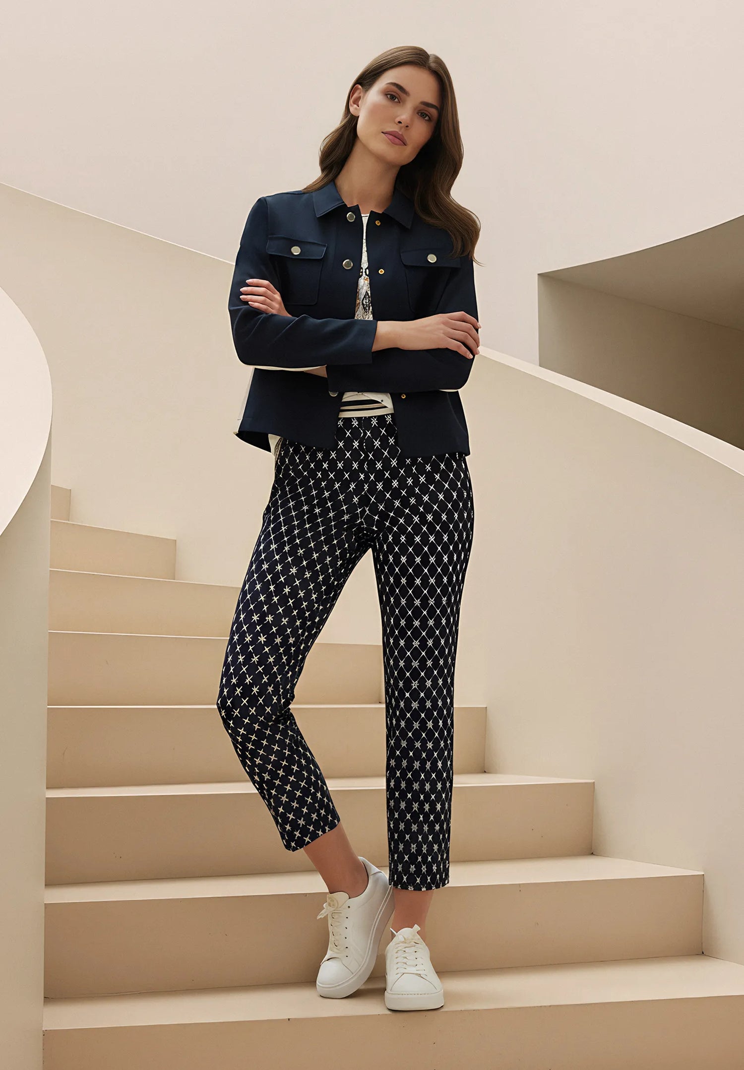 Betty Barclay Dark Blue/Cream Women Casual Slim Fit Trousers SKU: 6143-1706_8813 Image 01