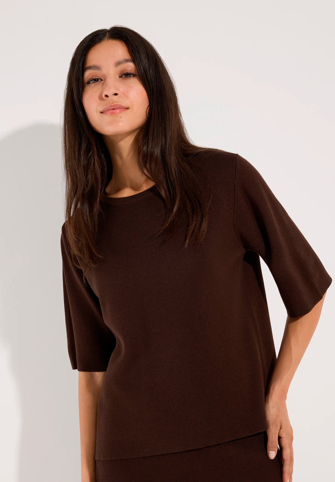 More &amp; More Espresso Brown Women Short-Sleeved Sweater SKU: 61911478_M0279 Image 01
