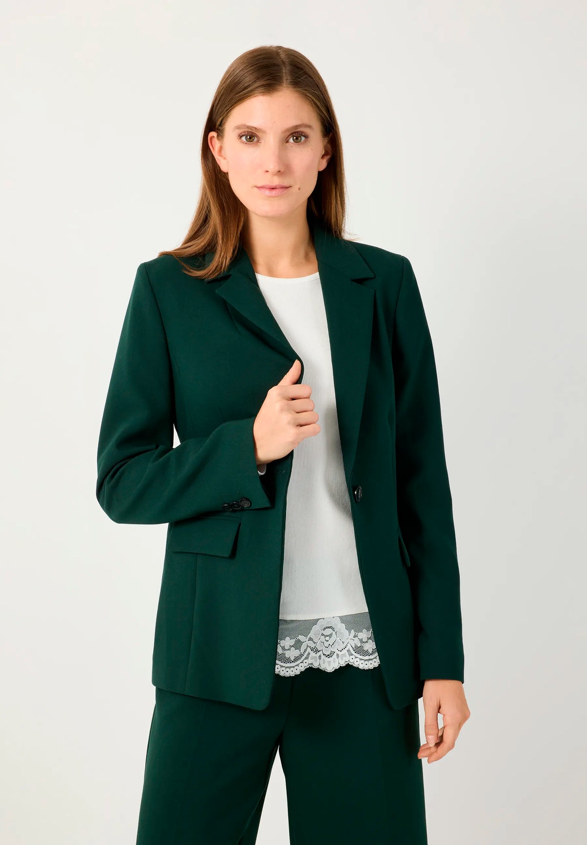 More &amp; More Dark Bottle Green Women One-Button Blazer SKU: 61936416_M0683 Image 01