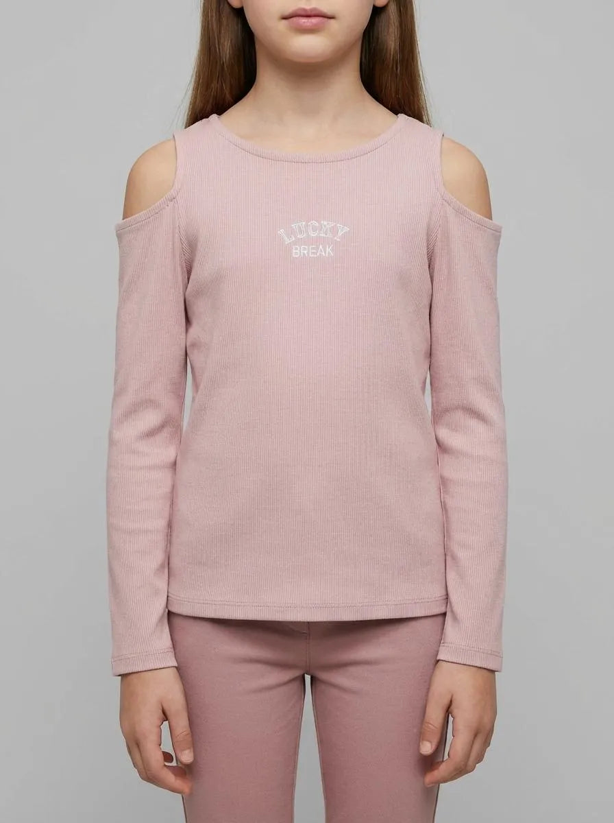 Springfield Pink Girls Rib Long Sleeve Off-The-Shoulder T-Shirt SKU: 6643123_70 Image 00