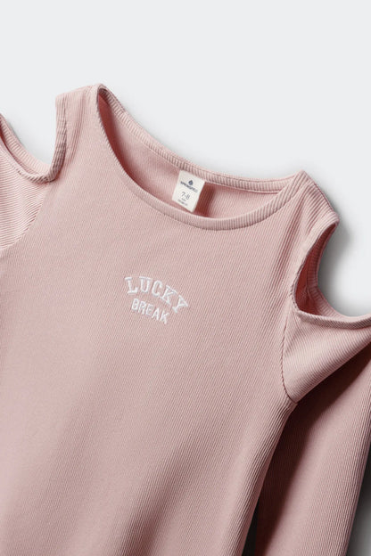 Springfield Pink Girls Rib Long Sleeve Off-The-Shoulder T-Shirt SKU: 6643123_70 Image 03